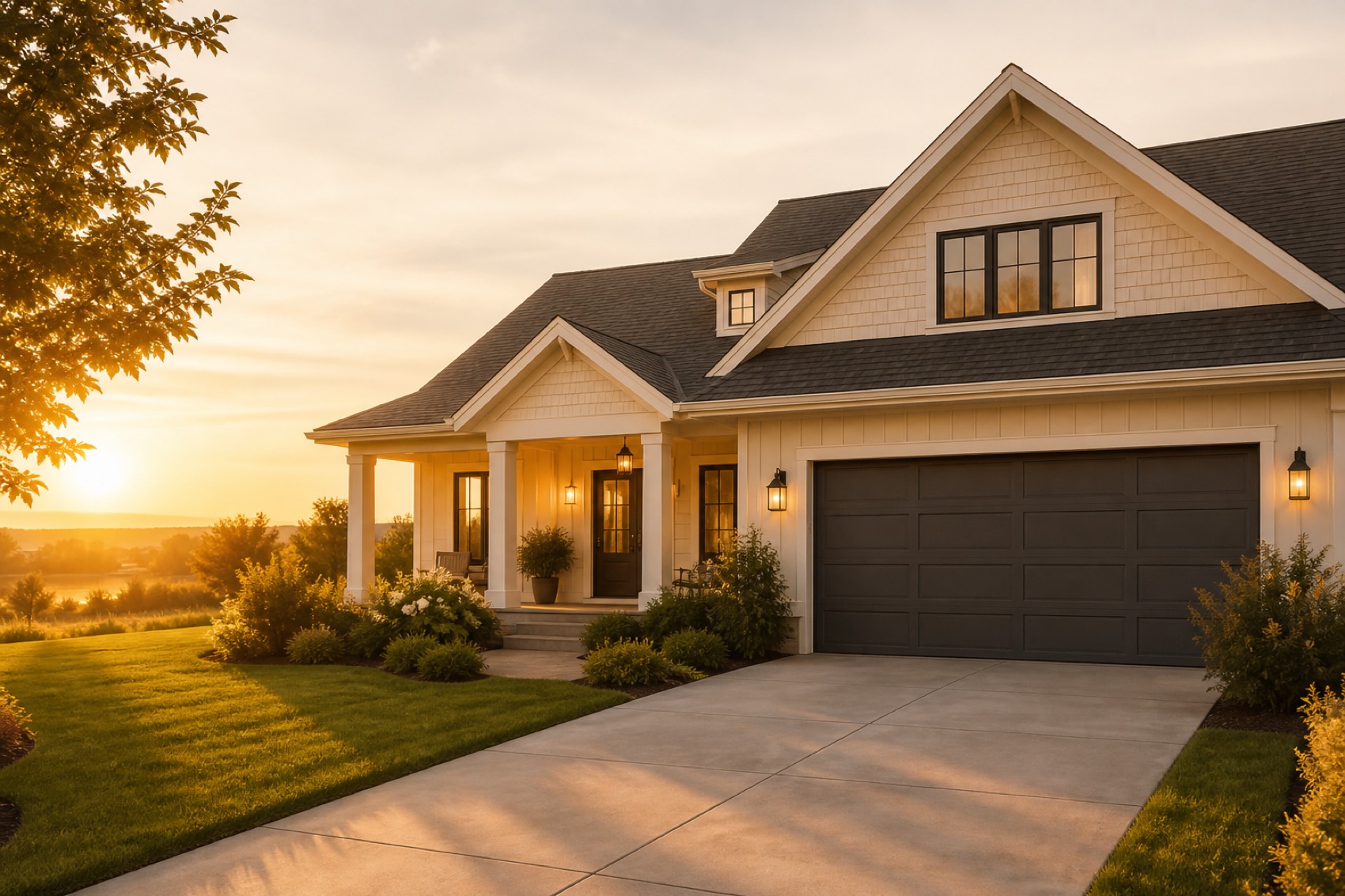 A welcoming home exterior with a tidy lawn and driveway at golden hour