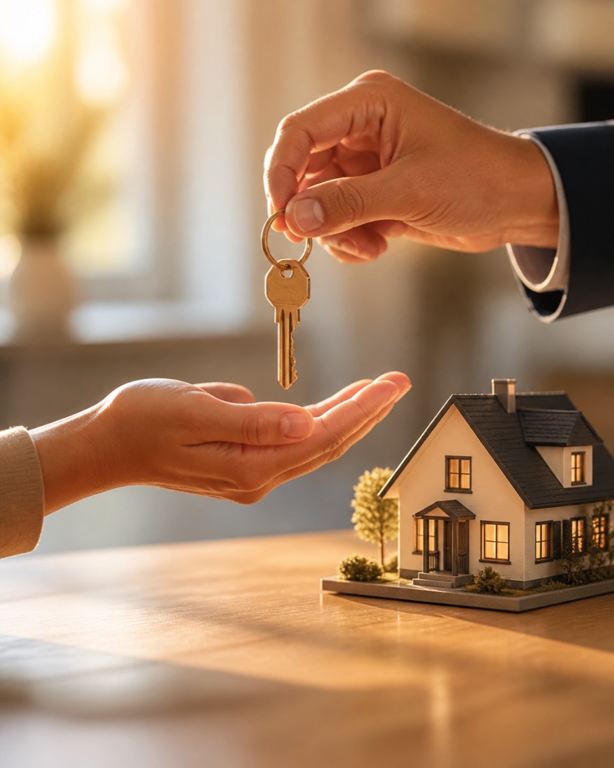 House keys handed over above a small model house